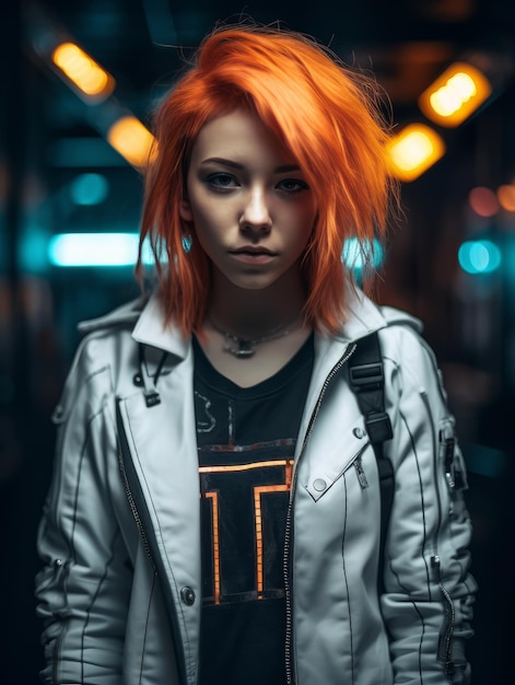 A woman with orange hair and a black shirt that says t on it.