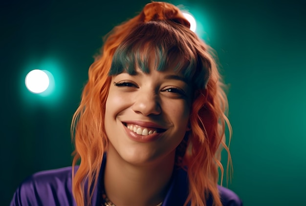 A woman with orange hair and blue eyes smiles at the camera.