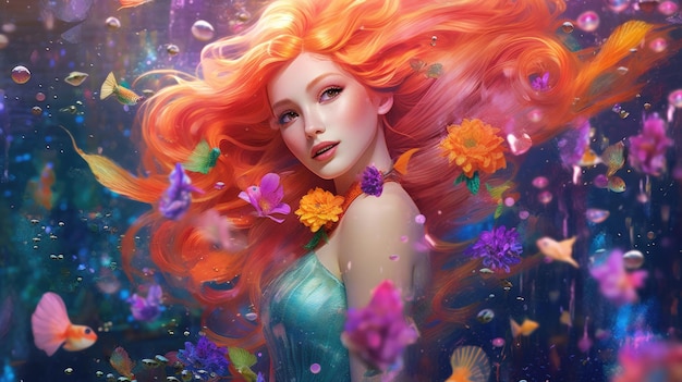 A woman with orange hair and flowers floating in a pool