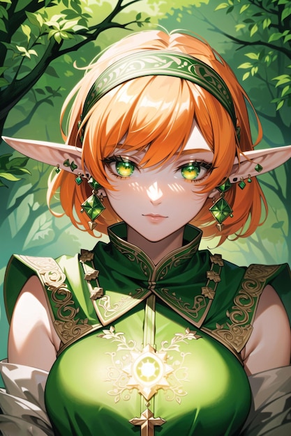 A woman with orange hair and green eyes stands in front of a forest.