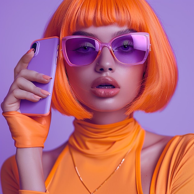 a woman with orange hair is holding a phone and wearing an orange dress