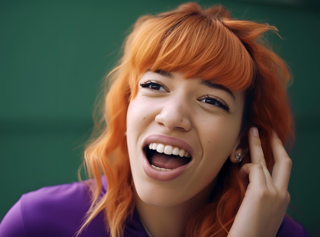 A woman with orange hair is looking up and has her hand on her ear.