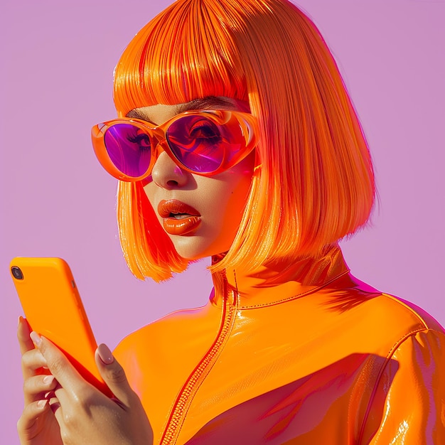 a woman with orange hair and a yellow shirt is holding a phone