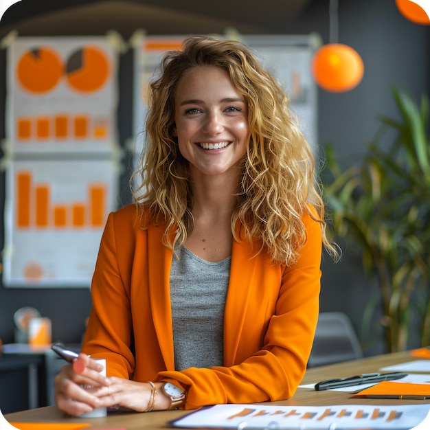 Photo a woman with a orange jacket is sitting at a desk with a graph on it