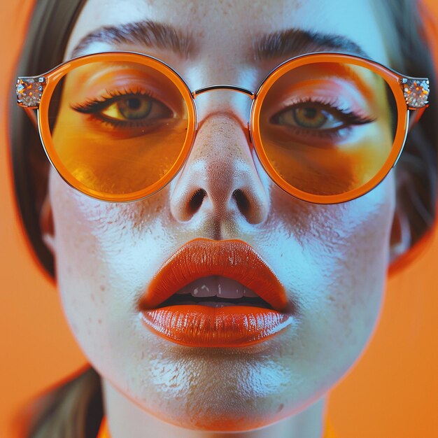 Photo a woman with orange lips wearing glasses that says  she is wearing orange glasses