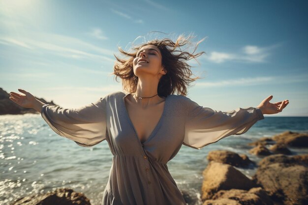 A woman with outstretched arms enjoying the wind and freedom Generative Ai