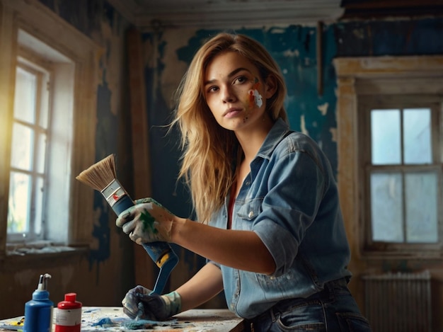 a woman with a paint brush in her hand is painting a picture of a woman with a paint brush