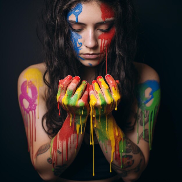 Photo a woman with a paint on her face is covered in paint