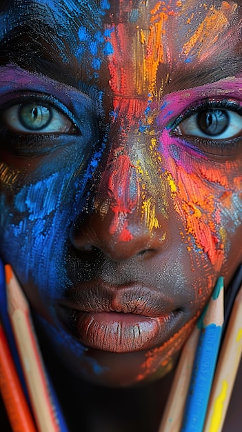 a woman with painted eyes and her hands painted with paint