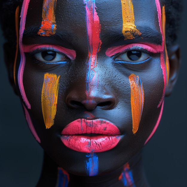 a woman with painted face and colored paint on her face