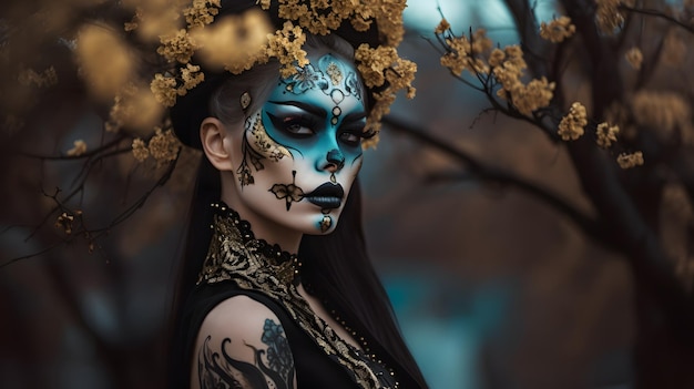 A woman with a painted face and a flower on her head