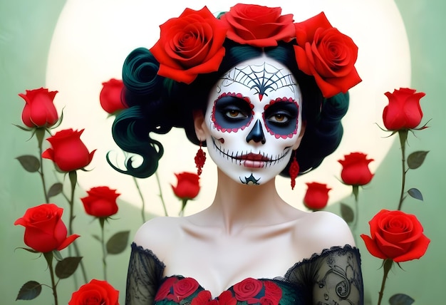 a woman with a painted face and flowers on her face