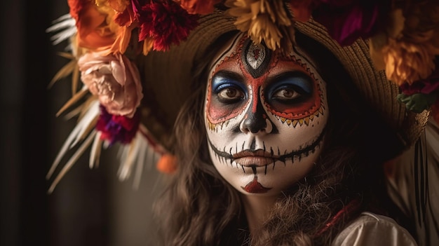 A woman with a painted face and a hat with the word day of the dead on it.