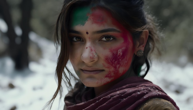 A woman with a painted face stands in the snow.