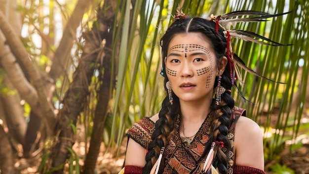 a woman with painted face and a traditional costume with a braided headband