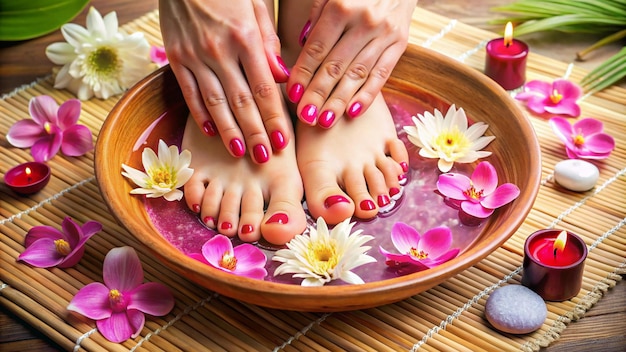 Photo a woman with painted nails and flowers on her feet