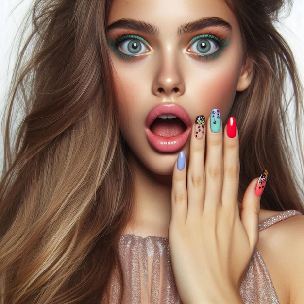 a woman with painted nails and a red and blue eye