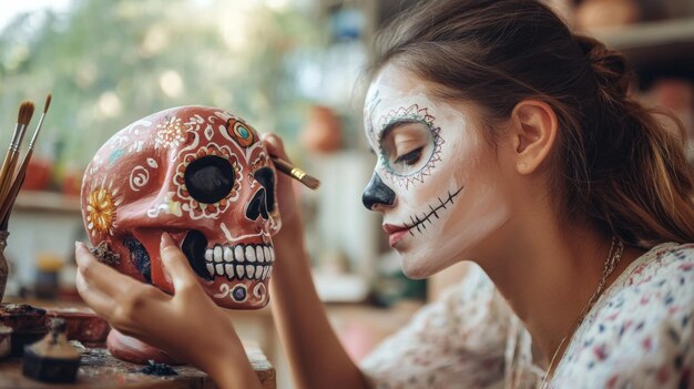 Photo woman with painted skull face and painted skull figurine