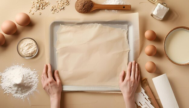 Photo woman with parchment paper baking tray and ingredients on beige background