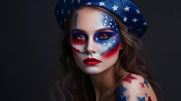 A woman with a patriotic face paint and stars on her face