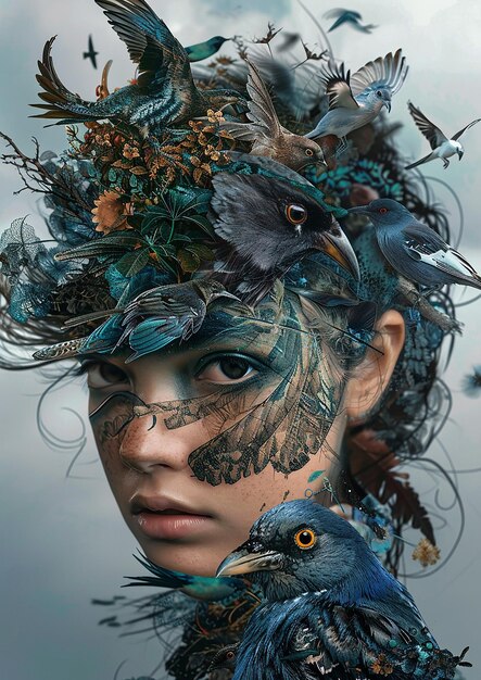 a woman with a peacock head and a bird on her head