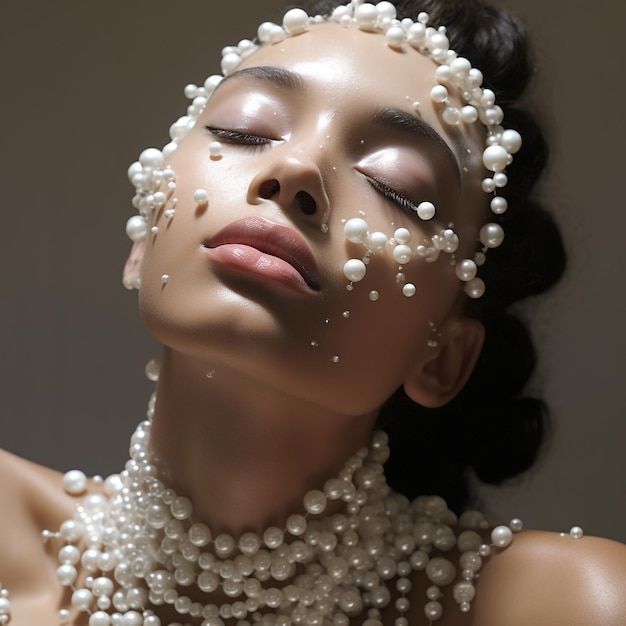 a woman with pearl beads on her face and the word pearl on her chest