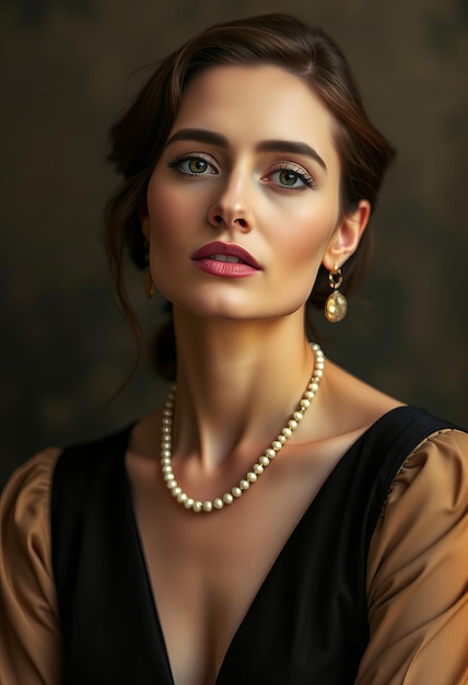 a woman with a pearl necklace and gold beaded necklace