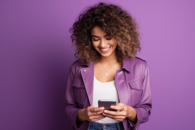 woman with phone on purple background