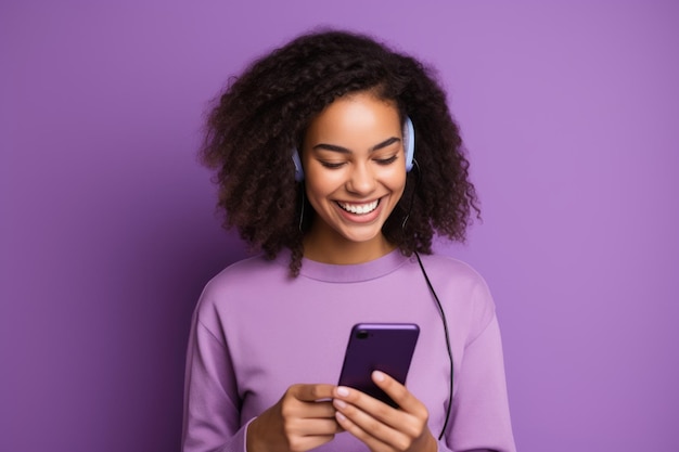 Woman with phone on purple background