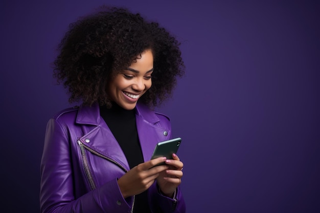 Woman with phone on purple background