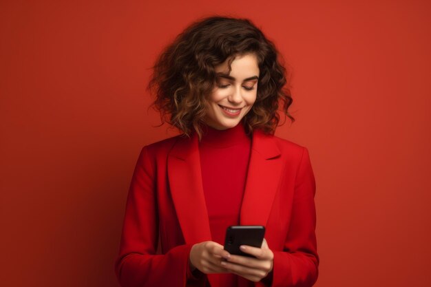 Woman with phone on red background