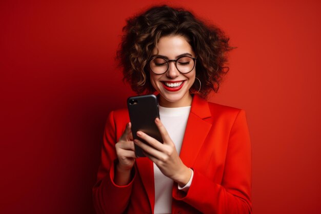 woman with phone on red background