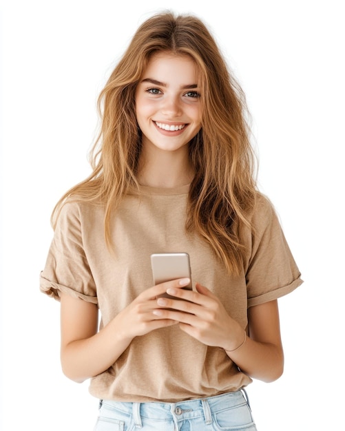 Photo a woman with a phone that says  she is smiling