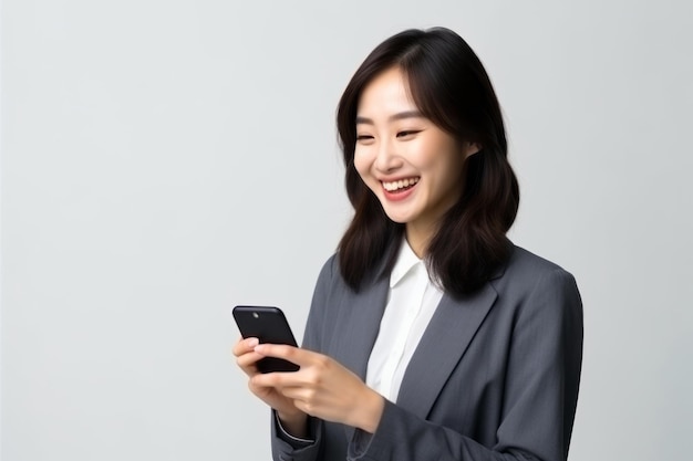 woman with phone on white background