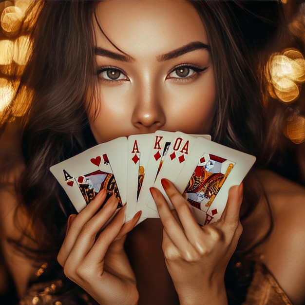 a woman with a picture of a woman playing cards with the word  a  on her chest