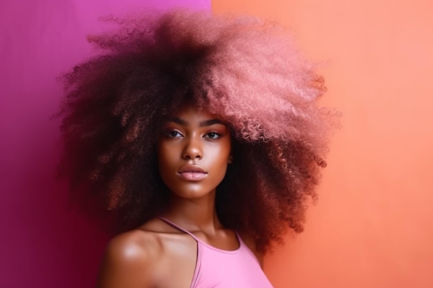 A woman with a pink afro hairstyle