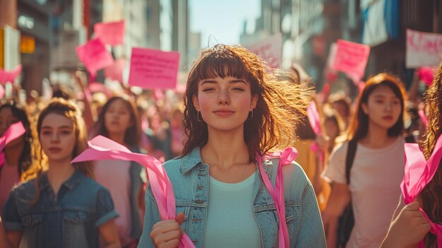 a woman with a pink banner that says quot i love you quot