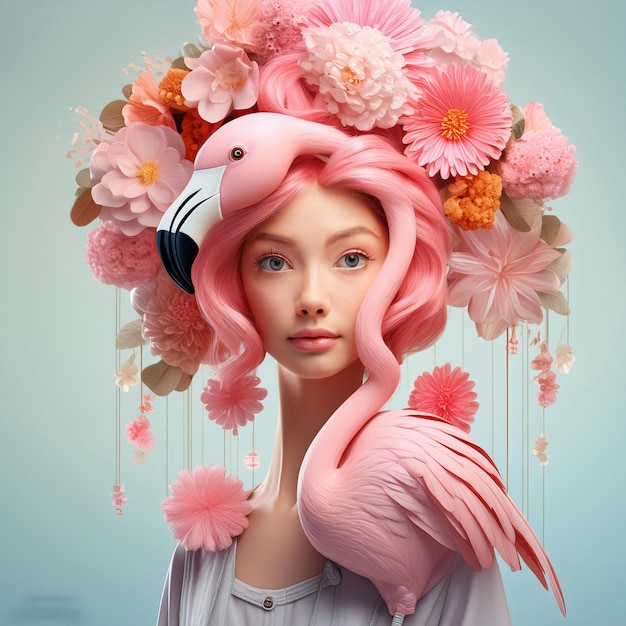 a woman with a pink bird hat and a bird on her head