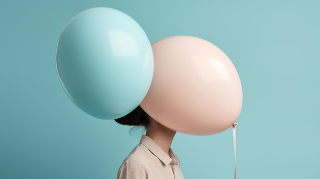 A woman with a pink and blue balloon behind her head