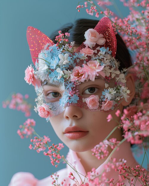 A woman with a pink and blue mask and flowers on her face and a pink background with pink flowers a