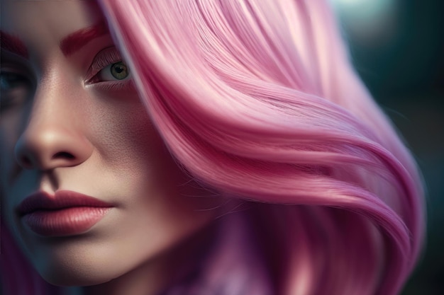 Woman with pink color dyed hair close up view Trendy hairstyle AI Generation