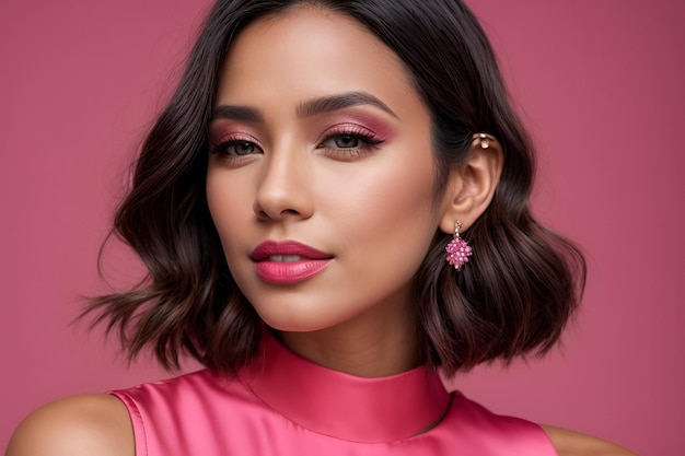 a woman with a pink dress and pink earrings is posing for a photo