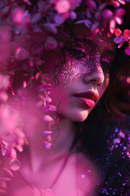 a woman with a pink face and a purple mask with pink glitter on it