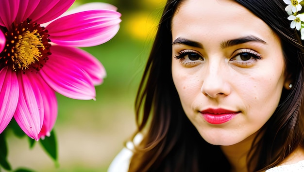 A woman with a pink flower in her hair