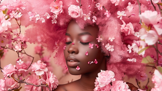 a woman with pink flowers and a pink flower in the hair