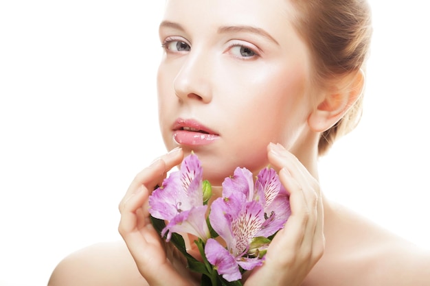 Woman with pink flowers