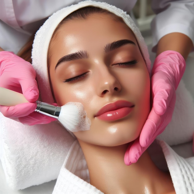 a woman with pink gloves is applying makeup on her face