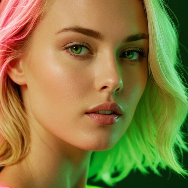 Photo a woman with pink and green hair and a green light