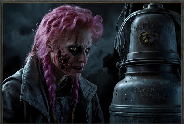 a woman with pink hair and a black background with the words old on it