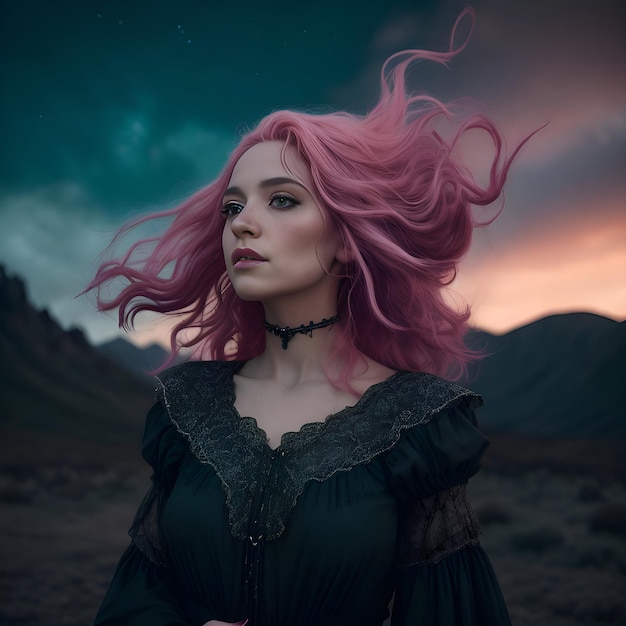 a woman with pink hair and a black dress with pink hair is standing in a desert